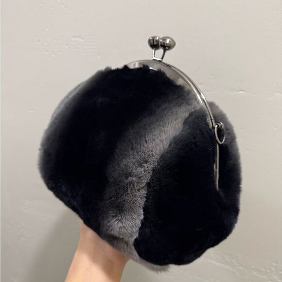 Black Gradient Handmade Real Rex Rabbit Fur Kiss-lock Shoulder Bag/Crossbody - Picture 11 of 14